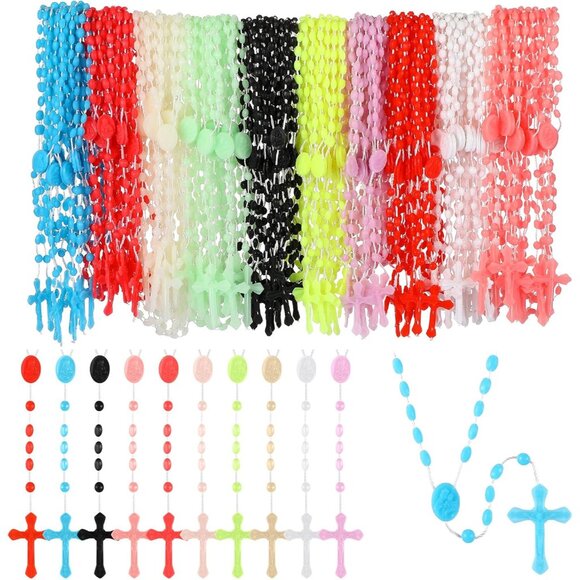 Bright Color Glow-in-the-Dark Plastic Rosary Cross Necklaces Bulk Pack of 100 fo - Picture 1 of 6